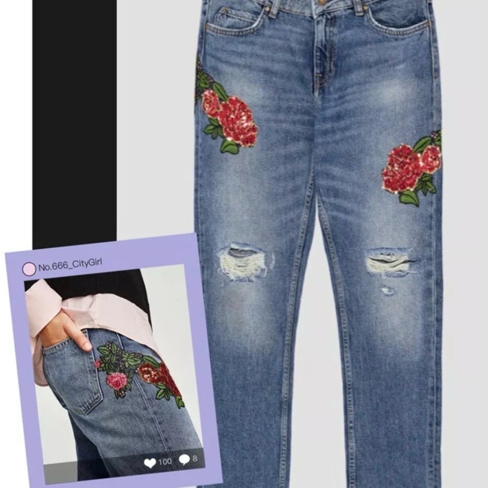 Zara Blue Boyfriend Jeans with Red Rose Embroidery